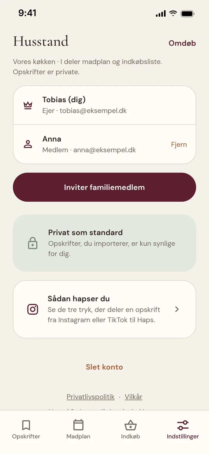 Husstand i Haps med to medlemmer, der deler madplan og indkøbsliste