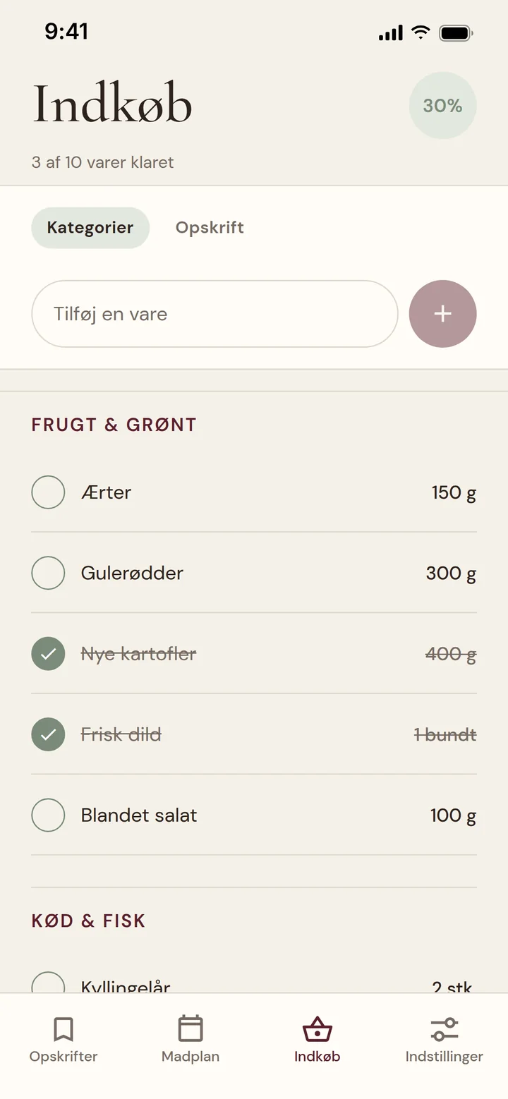Indkøbsliste i Haps sorteret i kategorier, med to varer krydset af