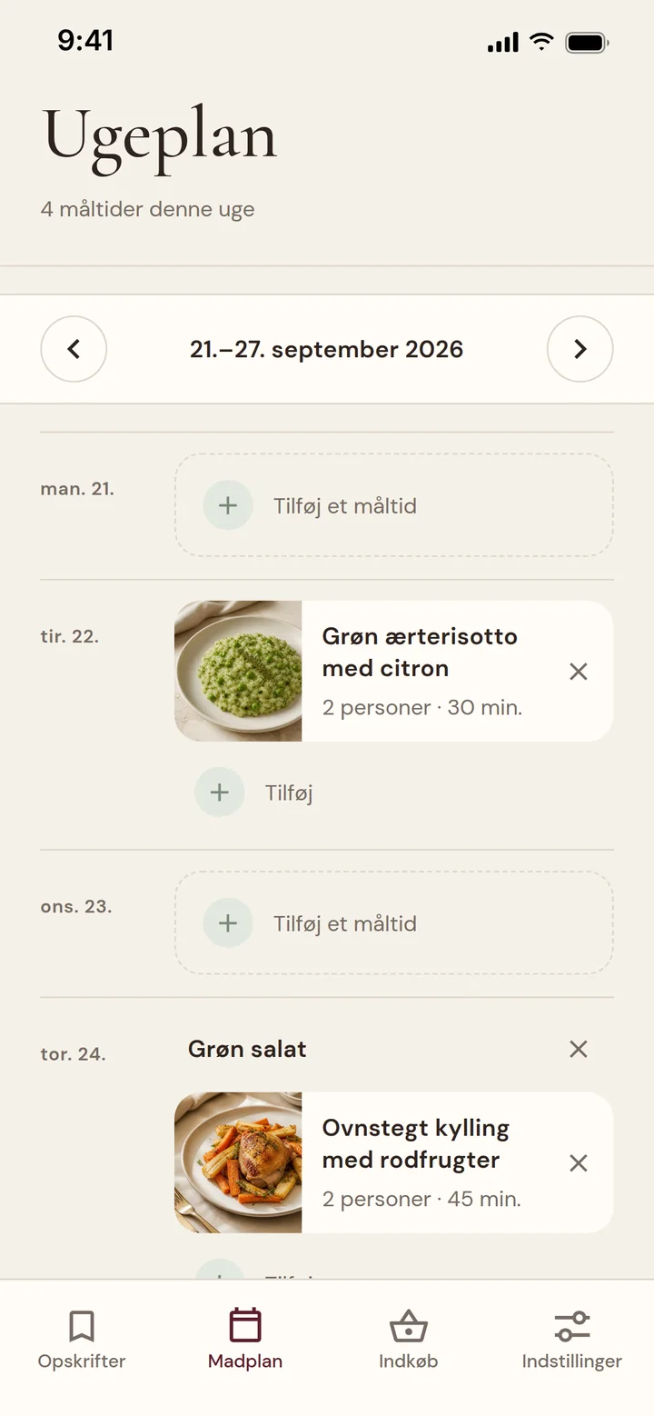Ugeplan i Haps, hvor torsdag har både Grøn salat og Ovnstegt kylling
